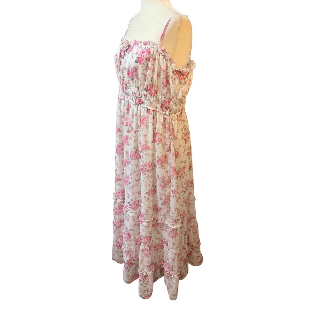 Lily Morgan Pink Floral Smocked Tiered Maxi Dress Large Cottagecore White Rose - Picture 7 of 12